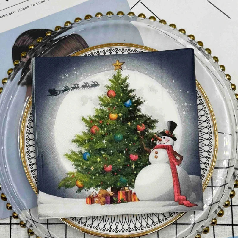 serviettes papier festives noel sapin bonhomme neige cadeaux rouges vert or vintage