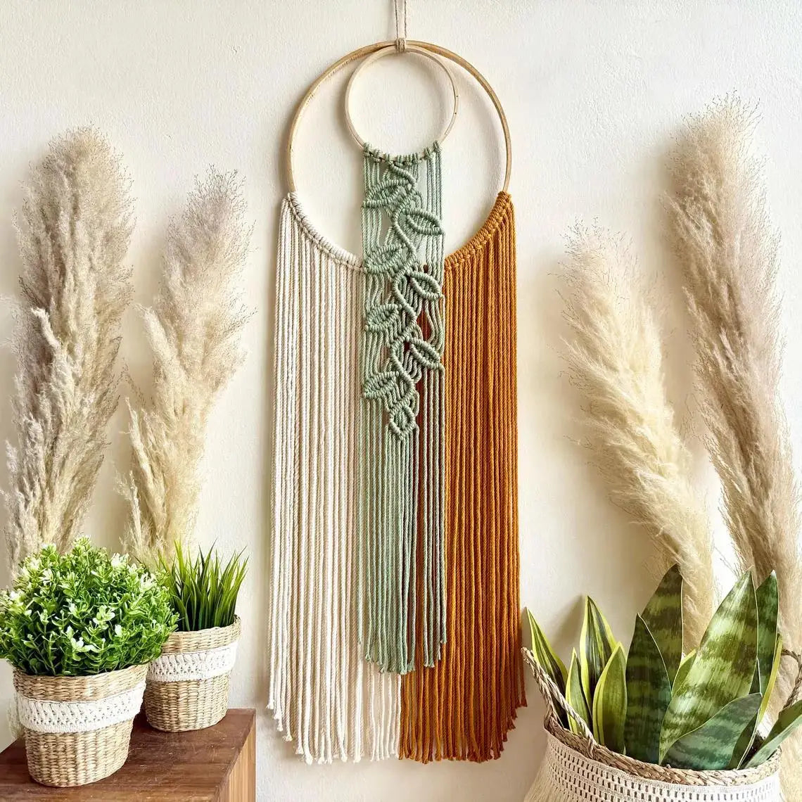 décoration murale bohème macramé feuille verte noeuds franges moderne chambre salon