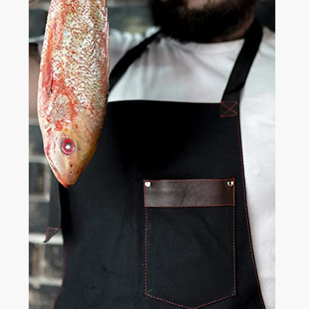 tablier cuisine noir toile coton poche cuir élégant classique imperméable professionnel chef