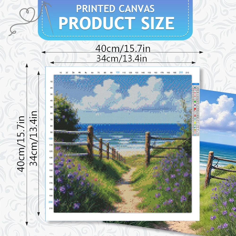 toile imprimée paysage marin plage falaises nuages herbe ciel broderie fil instructions aiguille coton