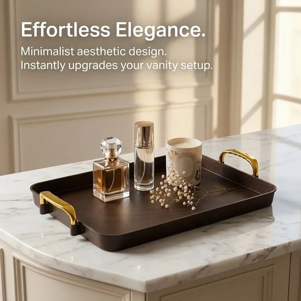plateau rangement marron bois naturel poignées dorées boîte bijoux pots cosmétiques bouteilles lotions savon
