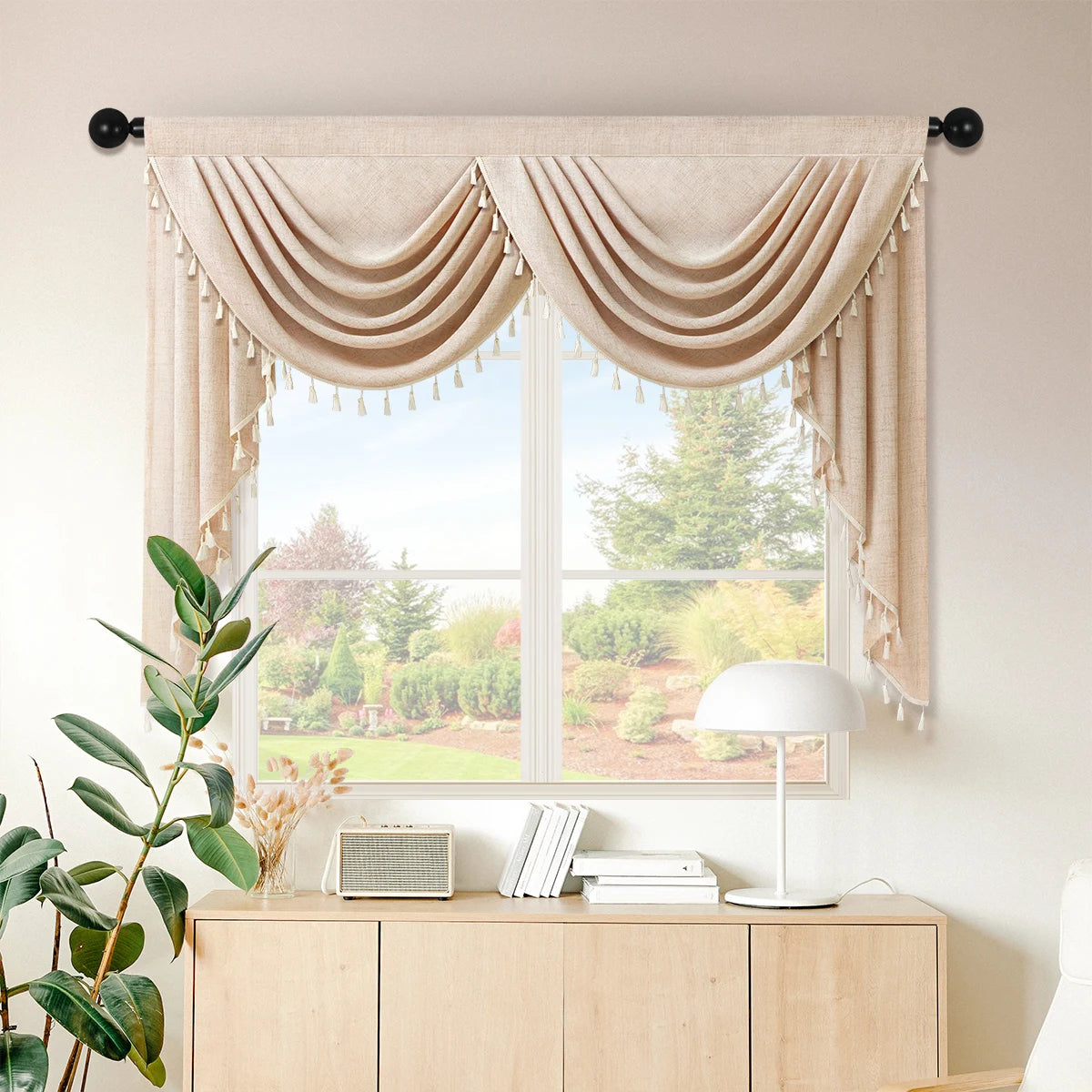 rideau polyester beige clair classique opacique 105cm largeur variable decoration fenetre cuisine salon