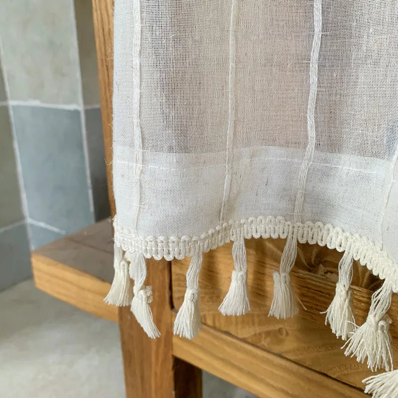 rideau voilage fenêtre bohème blanc cassé franges passe tringle semi transparent japonais