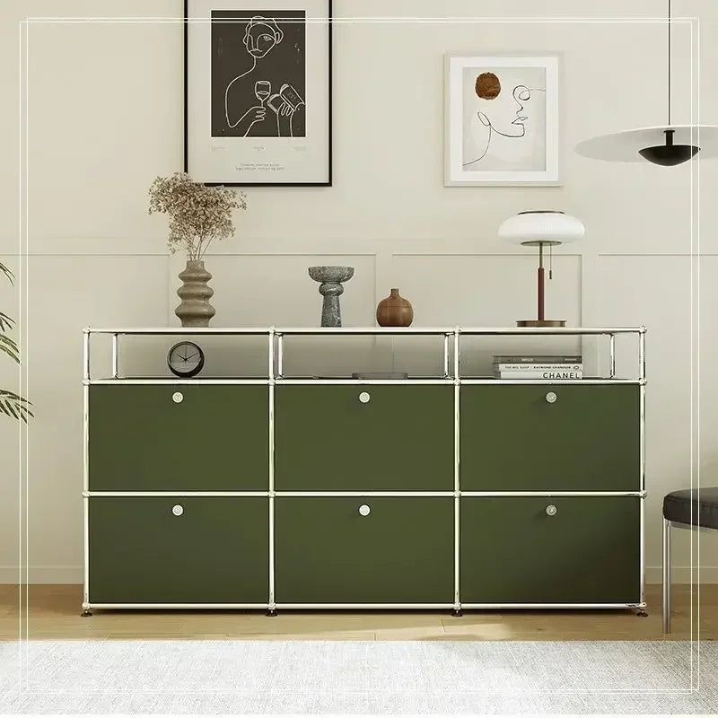 meuble tiroirs armoire salon vert olive moderne pieds ronds tiroirs bois métal
