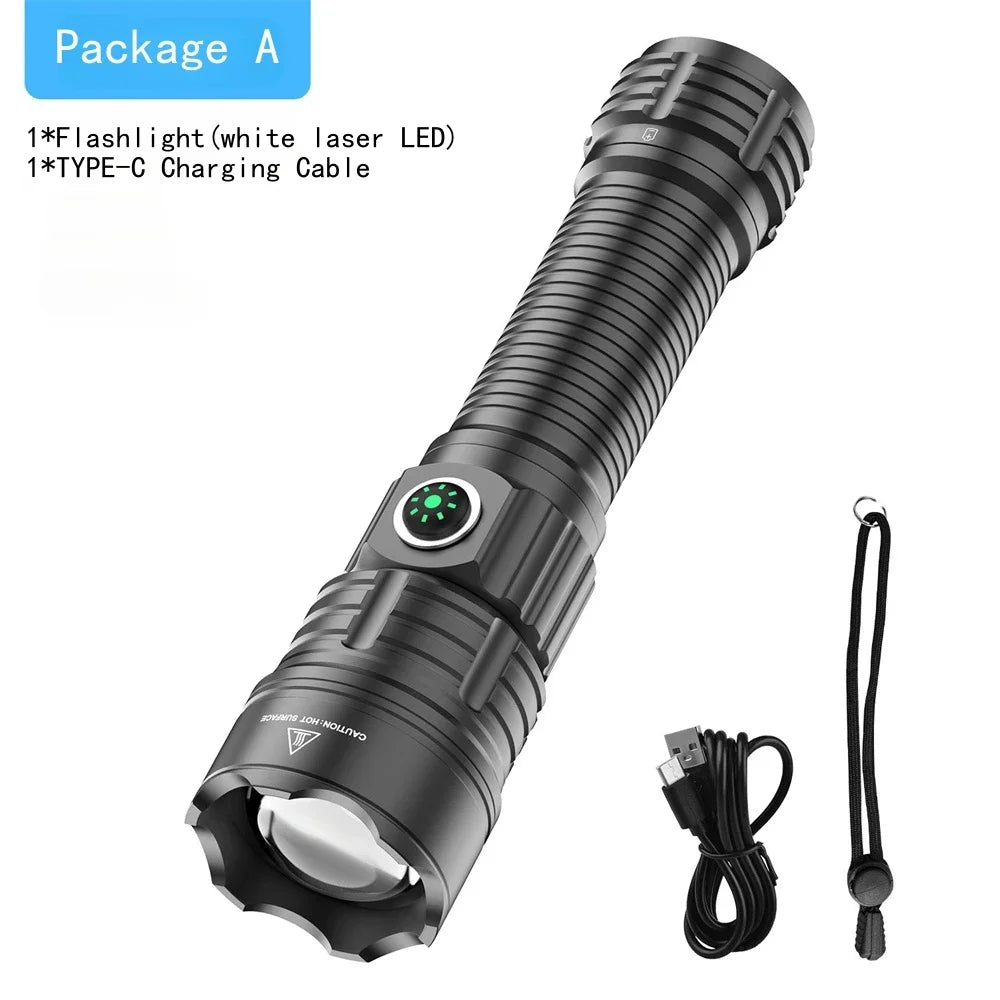 lampe torche rechargeable led noire moderne camping 500m lumiere intense durable sac transport cable