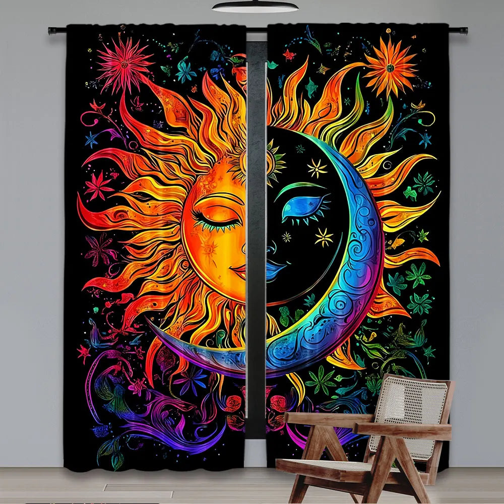 rideau motif soleil lune abstrait pièces polyester noir orange rouge bleu opacité coloré