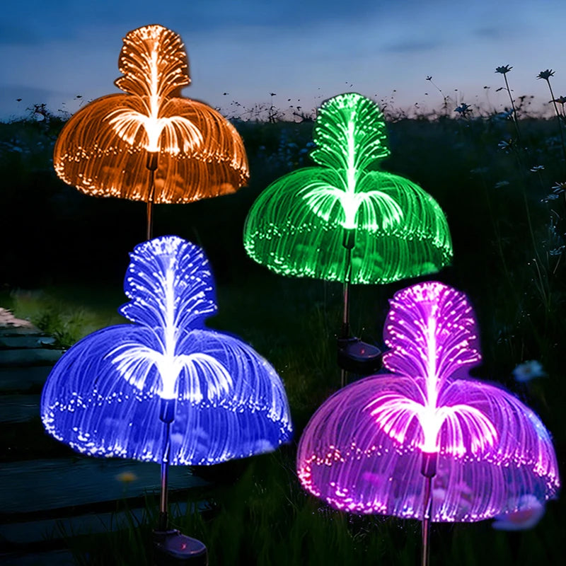 luminaire fibre optique solaire orange vert bleu violet moderne extérieur jardin cour