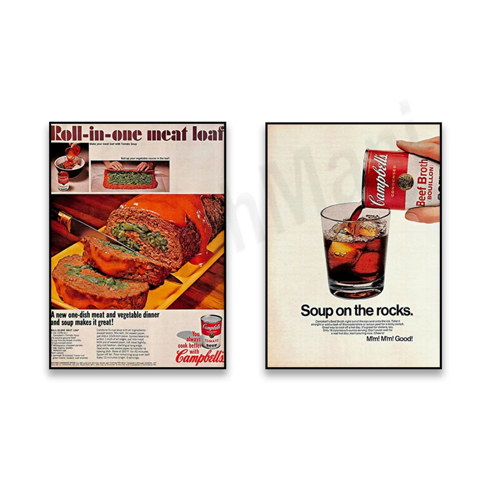 Deux annonces de plats appétissants à base de viande et de boissons, présentant des produits Campbell's et de la boisson Campbell's.