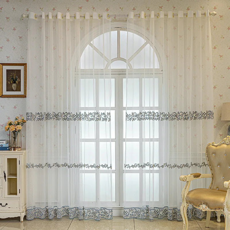 rideau blanc broderie florale transparent classique maison anneaux inclusion