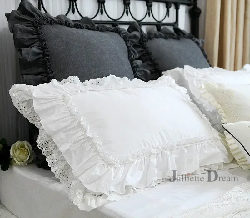 taie d'oreiller coton blanc vintage volants dentelle lit mariage chic