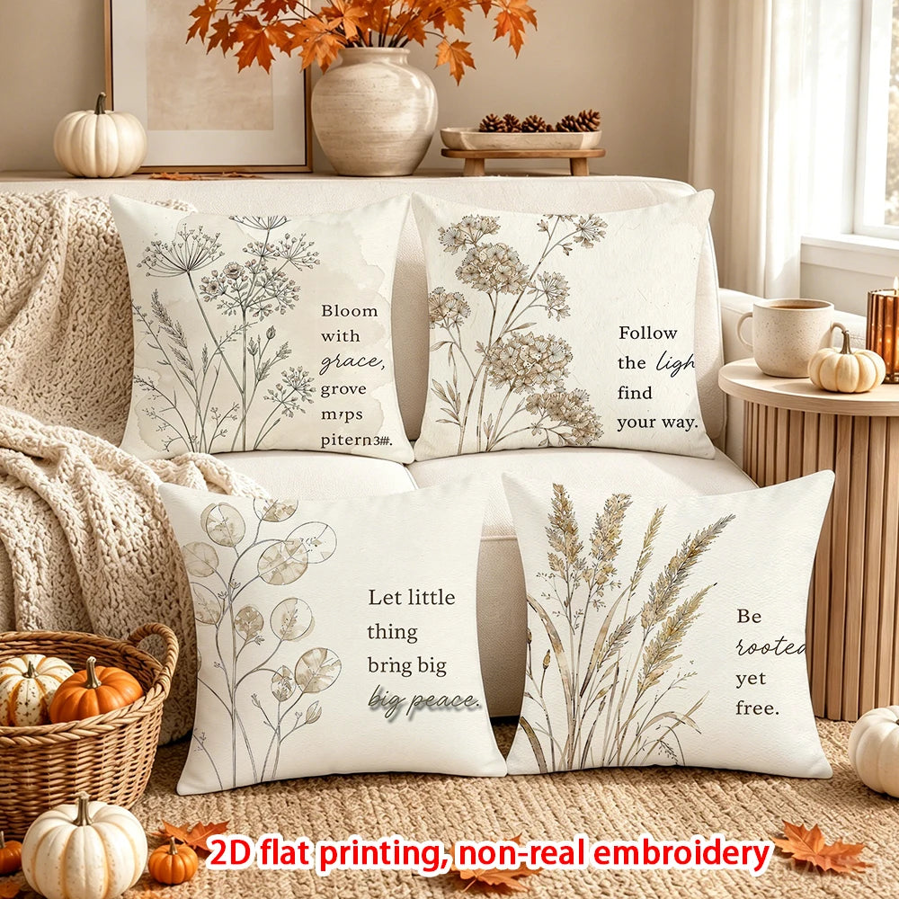 housses coussins décoratives automnales motif fleurs séchées blanc beige 40x40cm 45x45cm 50x50cm 60x60cm polyester