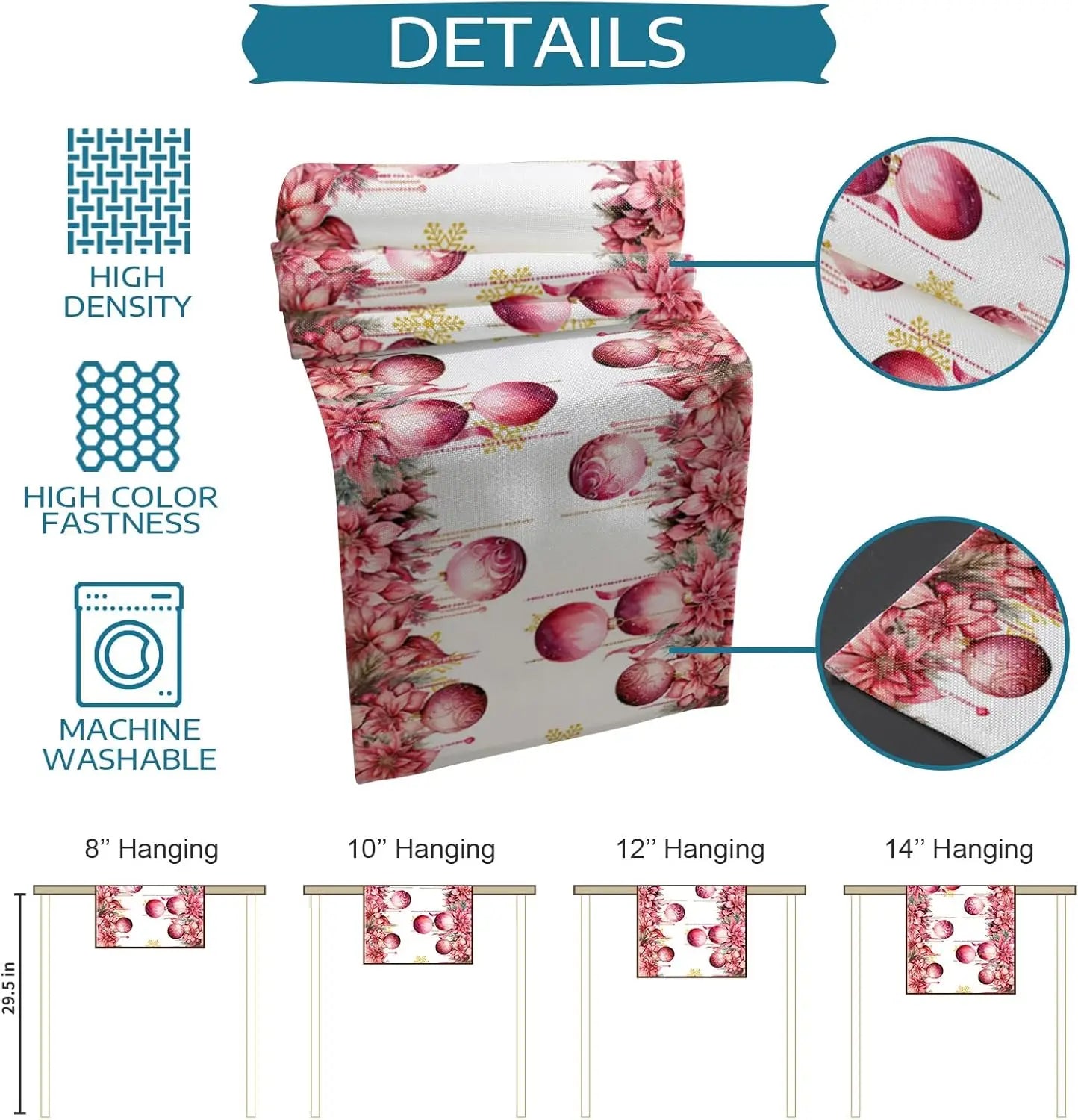 Une impression fleurie de roses rouges et de fleurs sur un fond blanc, avec des informations sur les dimensions et les caractéristiques de ce produit.