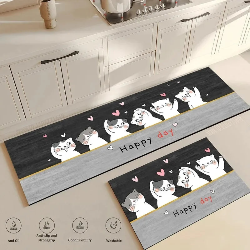 tapis moderne cuisine dessins animés chats bleu gris blanc rose noir Fresh Kitchen Happy