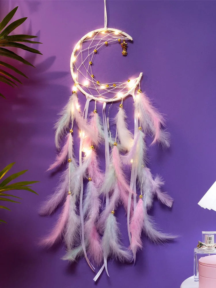 attrape rêves plumes lune boho rose bleu blanc décoratif chambre fil suspendu
