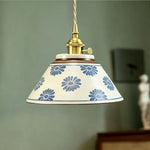 lampe suspendue vintage blanc bleu fleurs rayures cordon ajustable ampoule E27 chambre salon restaurant