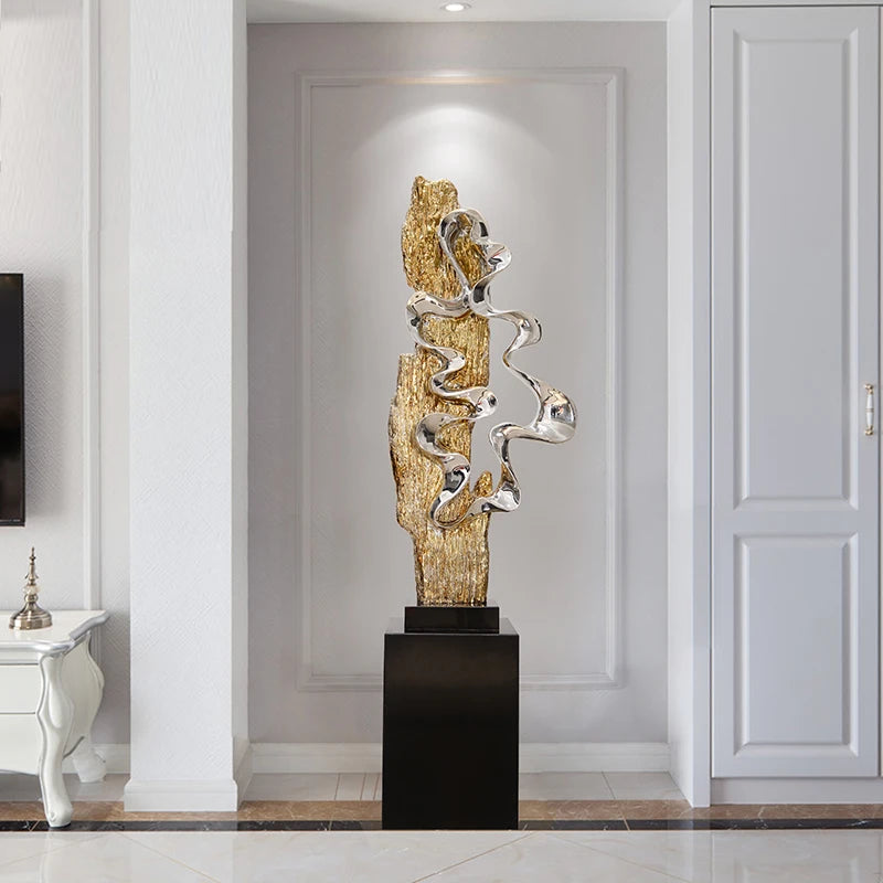 sculpture décorative moderne iceberg résine argentée dorée 81x35x22cm socle bois noir éléments abstraits