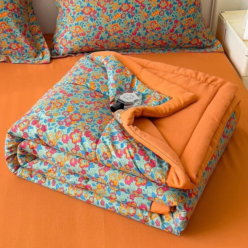 couvre lit fleuri orange bleu jaune vert moderne coton polyester été imprimé 200x230cm lavable