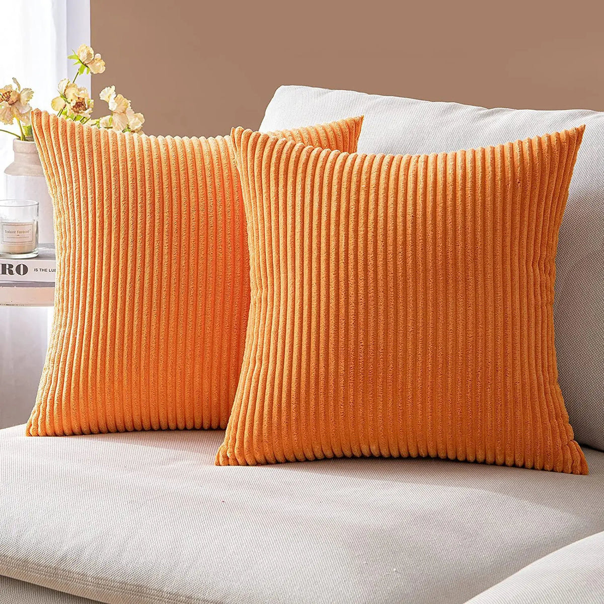 housse coussin velours côtelé orange rayé décorative canapé salon moderne zip invisible textile doux