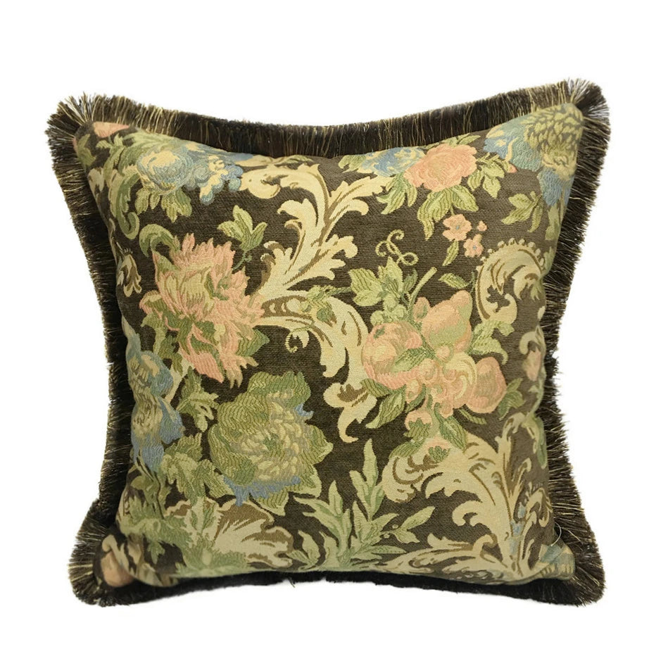 coussin décoratif carré motif floral rose feuilles vert foncé classique tissu chenille 45x45cm