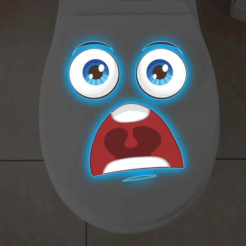 stickers toilette visage souriant yeux grands ouverts cartoon lumineux adhésifs salle bain bleu blanc