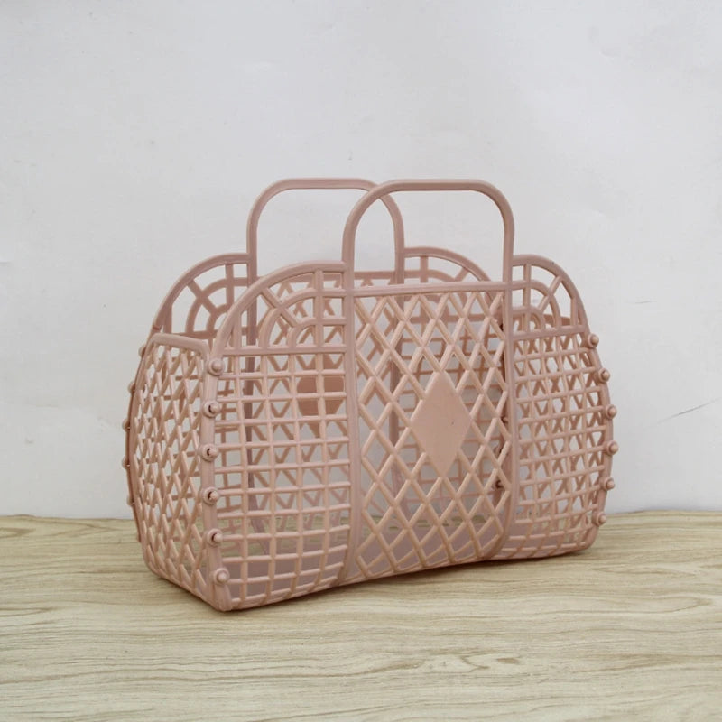 panier maille moderne noir rose clair bébé rangement réutilisable respectueux environnement minimaliste poignéescrição basée
