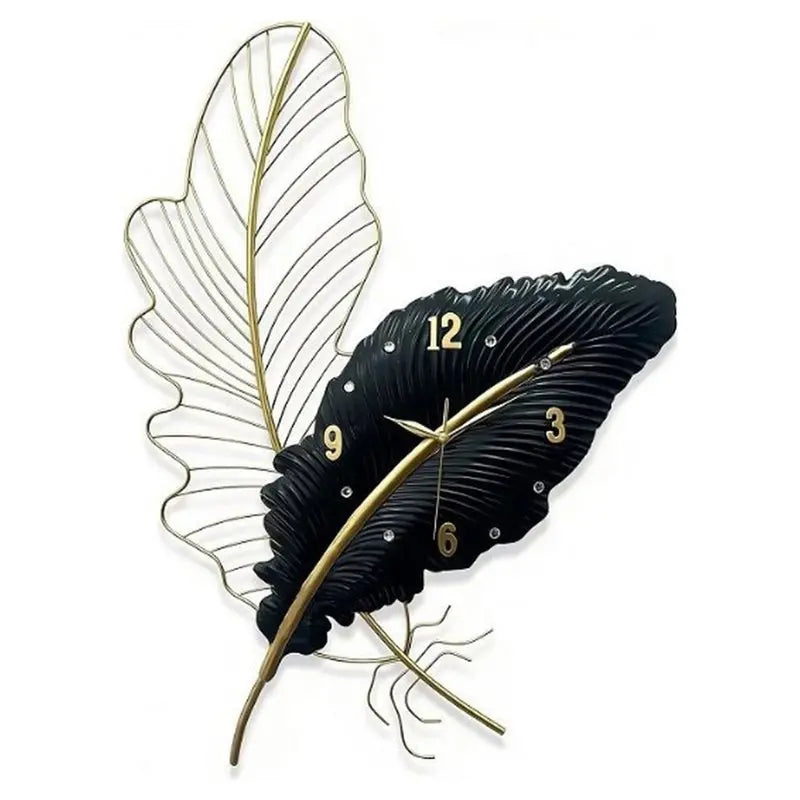 horloge murale moderne élégante noir doré feuille stylisée sans tic tac chambre coucher decoration