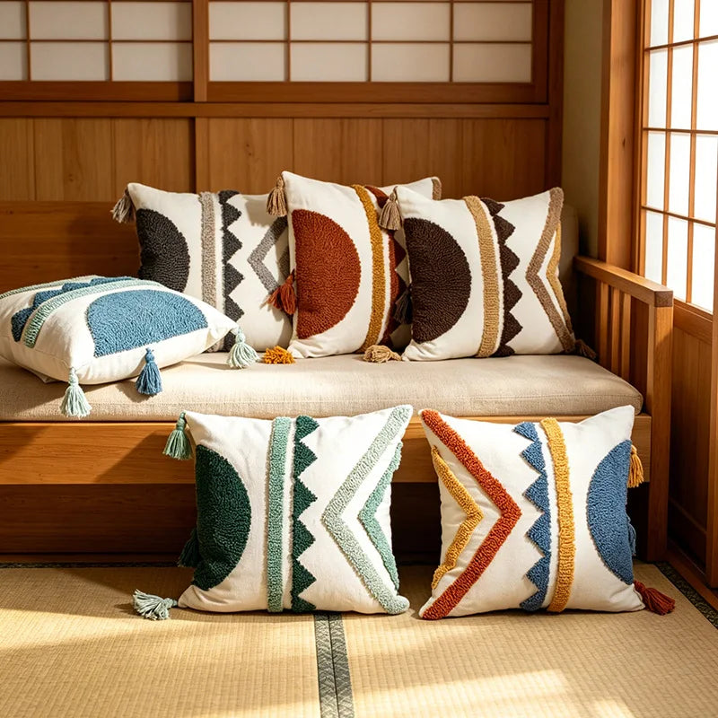 housse coussin bohème géométrique franges polyester 45x45cm 30x50cm décoration salon chambre voiture