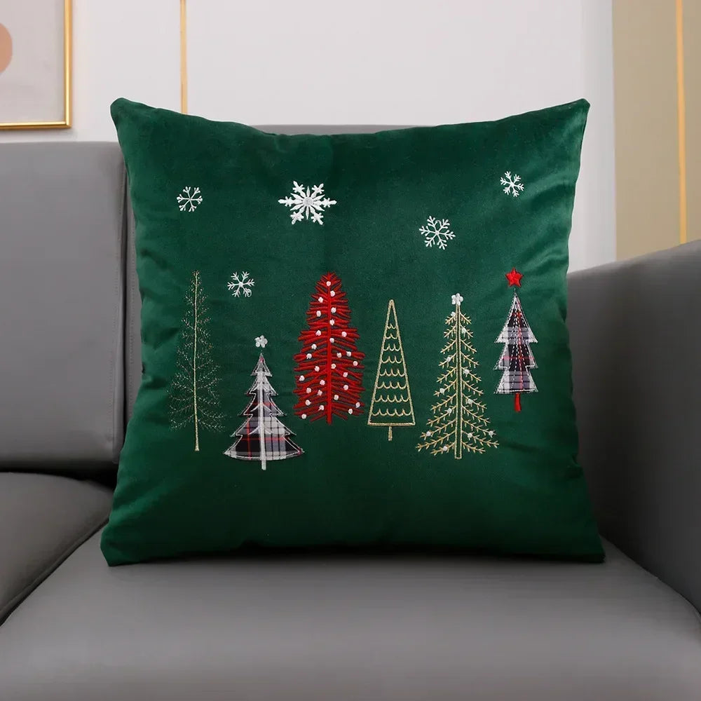 housse coussin velours noël arbre flocons good night rouge vert decoration carré tufted polyester