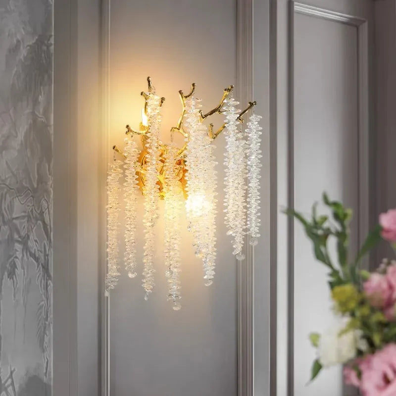 lampe murale moderne or branches cristal transparentes chambre salon led aluminium