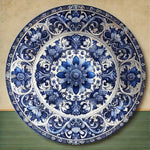 plaque murale classique floral détaillée bleu blanc métal ø20cm imperméable