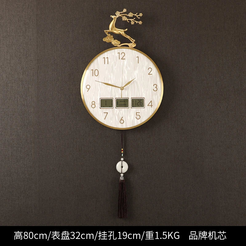 horloge murale moderne ornement cerf cadre doré aiguilles tissu noir pompon nouveau chinois