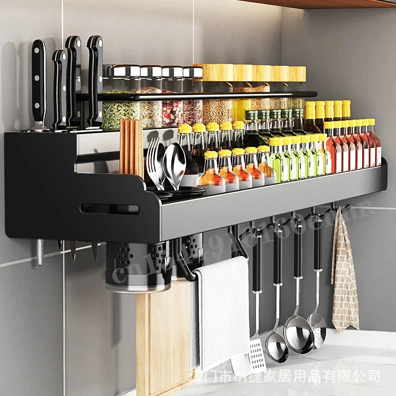 étagère murale cuisine noir moderne adhésif assaisonnement couteaux cuillères serviettes bouteilles huile