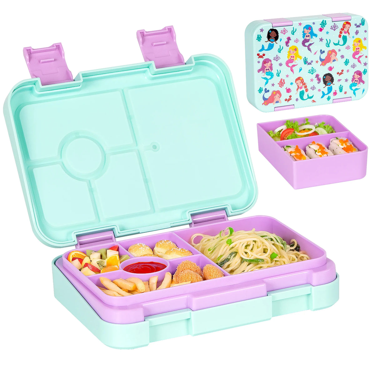 boîtes lunch violet rose bleu clair licorne princesse sirène compartiments couvercle poignées détachables modernes