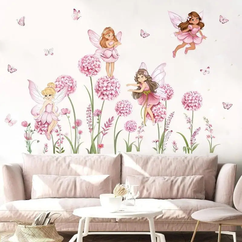 stickers muraux dessin animé rose blanc fleurs papillons fées chambre enfant décoration maison adhésifs
