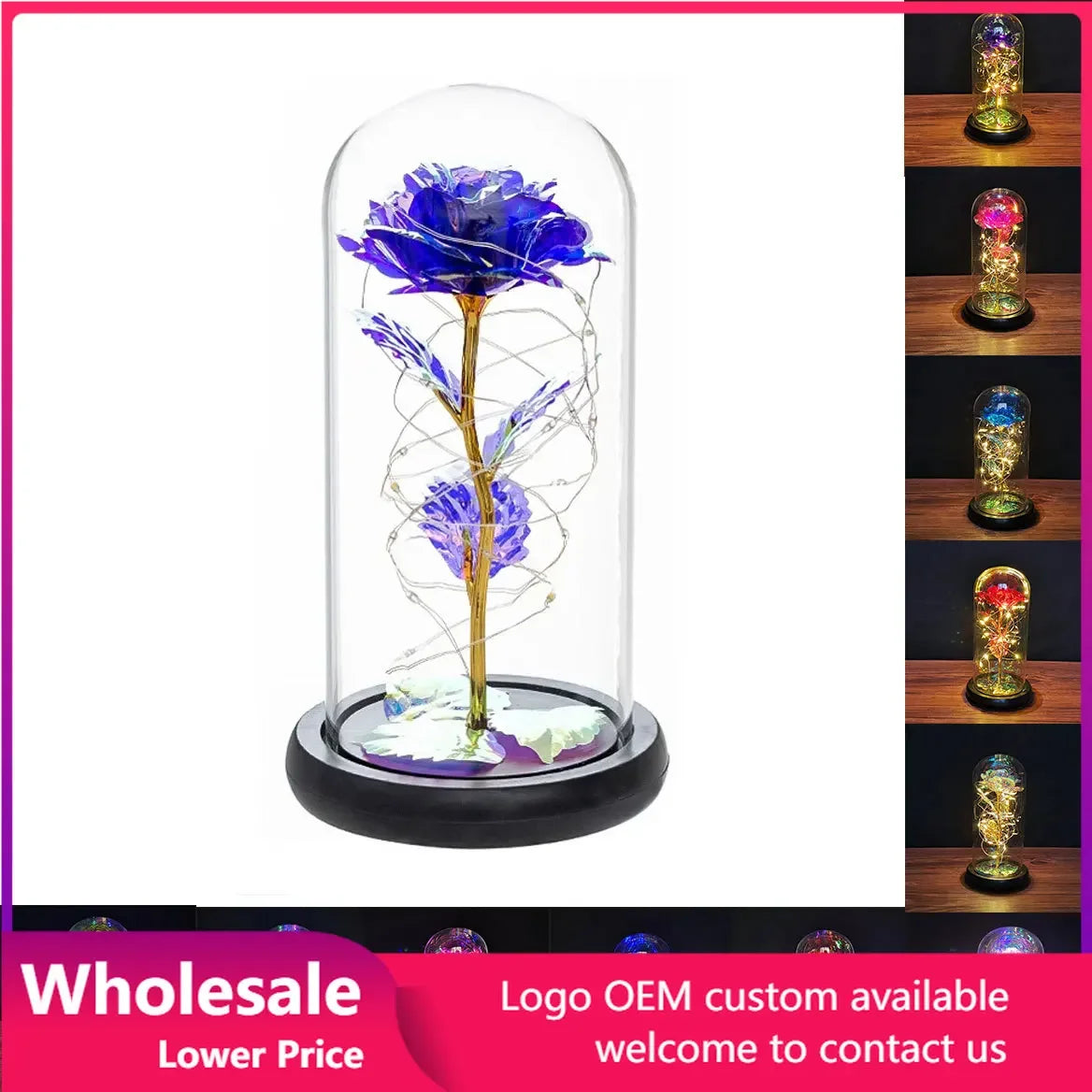 veilleuse led rose artificielle cloche verre éclairage couleur variée base noire