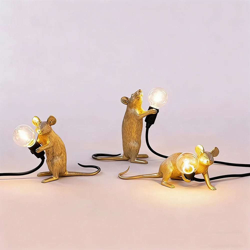 lampe poser souris or blanc contemporaine humoristique ampoles led câble noir fixe chambre table