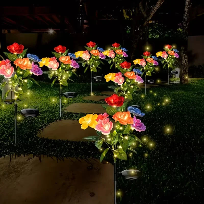 bouquet lumineux solaire fleurs artificielles rouge rose jaune bleu vert moderne clips solairesextérieur jardin