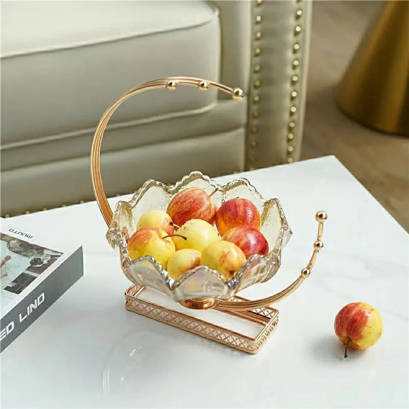 bol fruits verre transparent motifs pétales dorés élégants classique moderne phục vụ trái cây