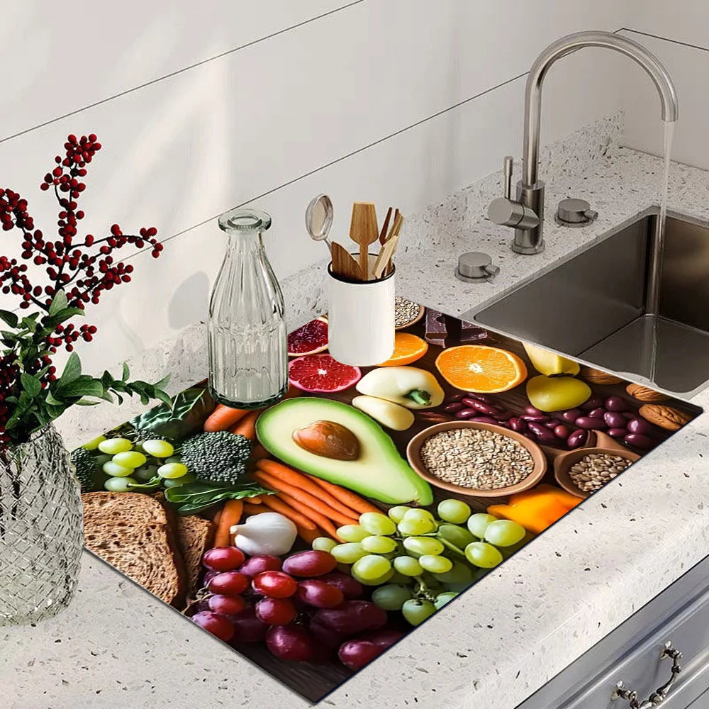 tapis cuisine moderne gris imprimé fruits légumes antibactérien antidérapant 20x30cm 30x40cm 40x60cm 50x80cm