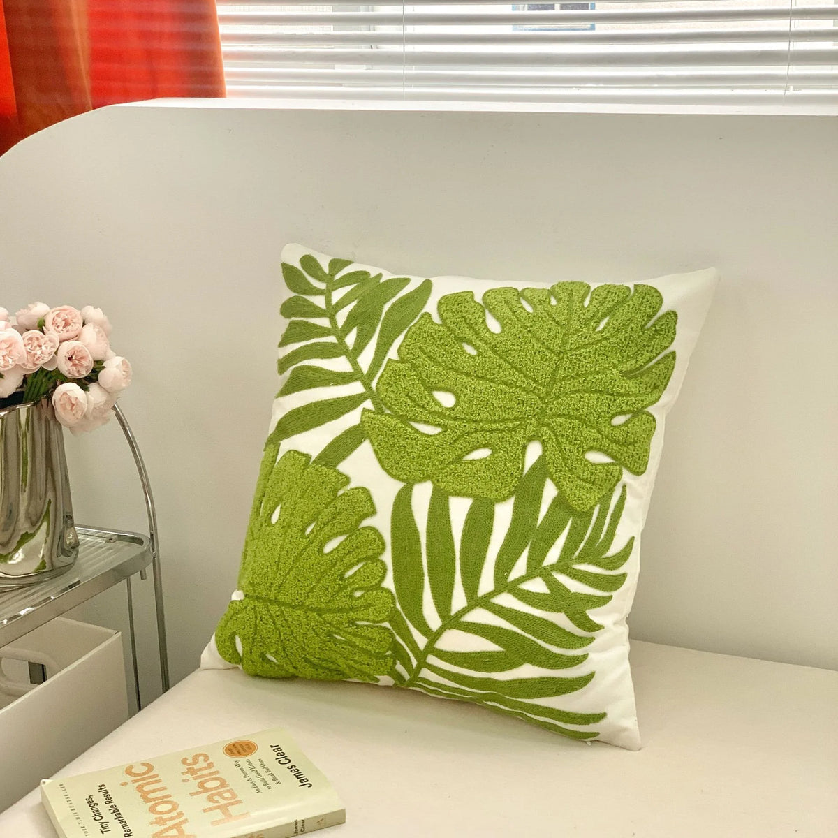 coussin carré moderne motif feuilles tropicales brodé polyester 45x45cm décoration maison voiture