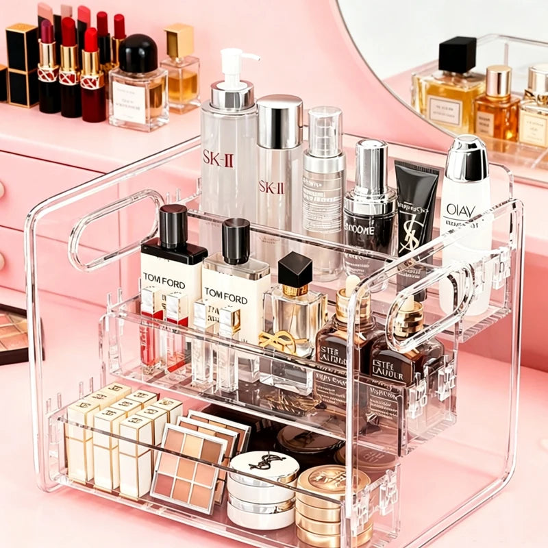 organisateur maquillage transparent acrylique moderne niveaux rangement palette fards poignées cosmétiques salle bain