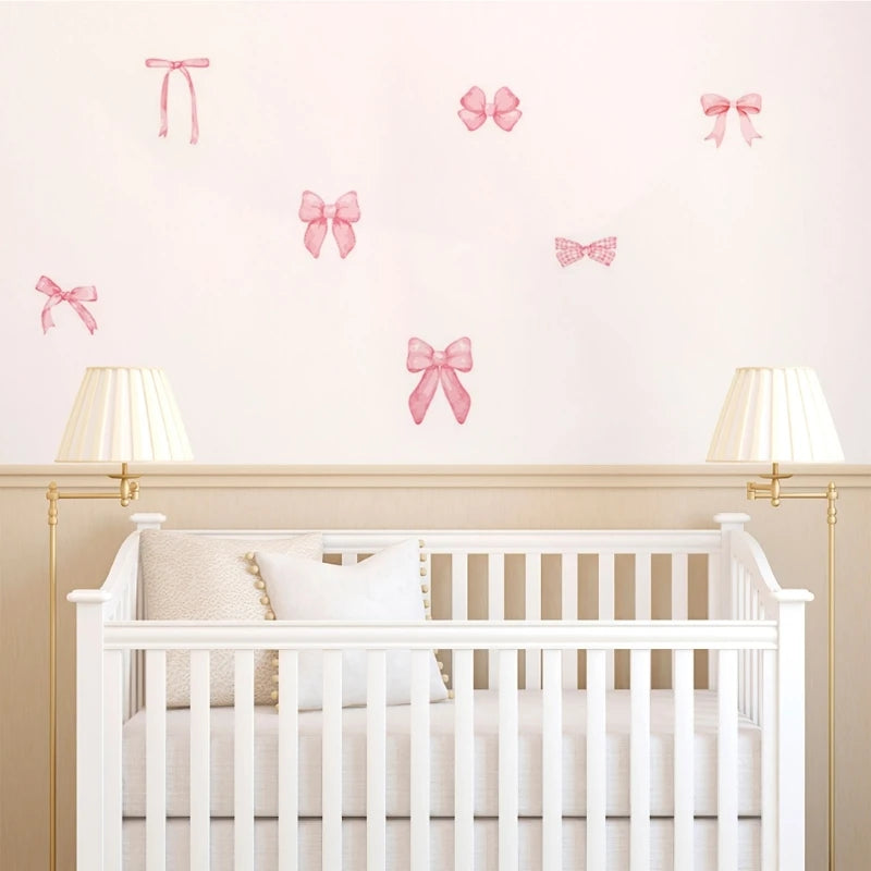 stickers muraux adhésifs rose nœuds rubans aquarelle semi translucides décoration enfantine romantique PVC résistants