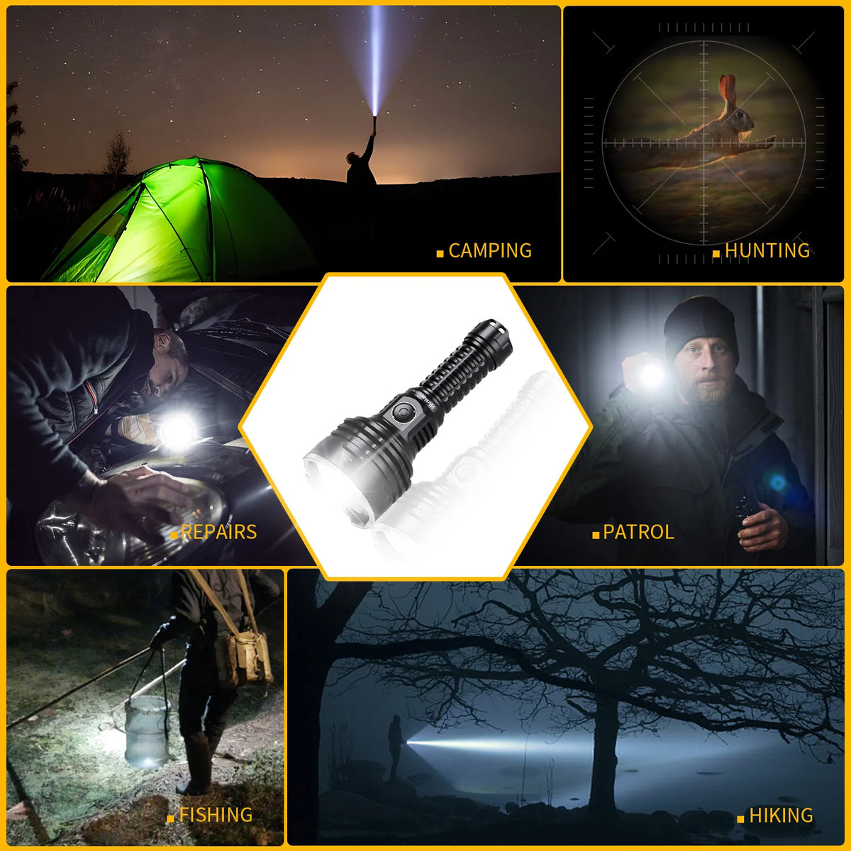lampe poche rechargeable led noire texturée rainures moderne robuste poignée amovible cordon usb manuel