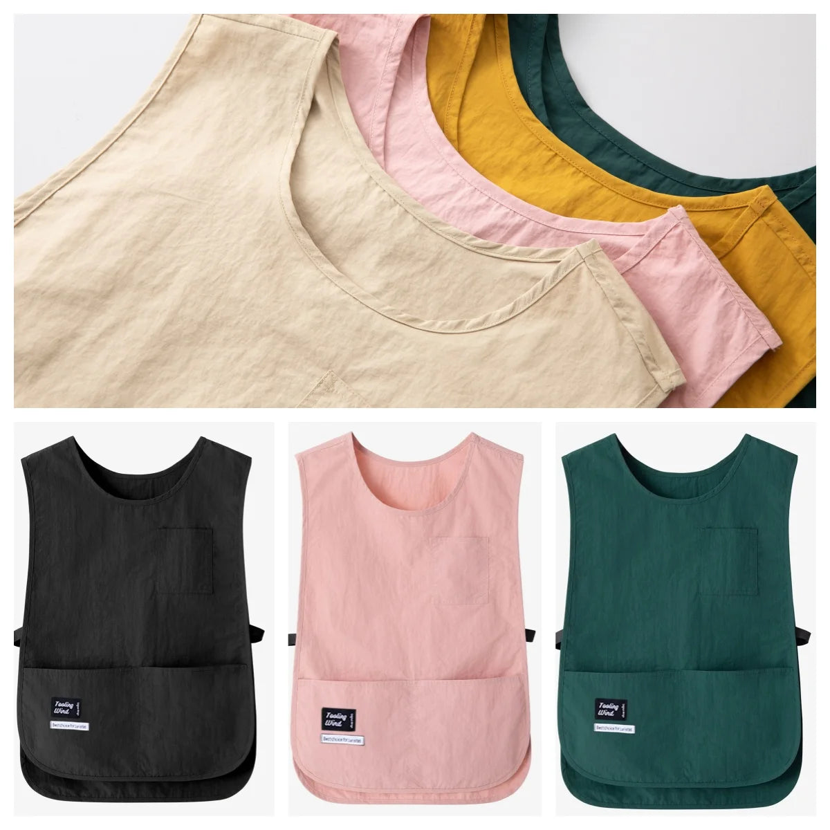 tablier polyester ajustable beige rose vert foncé uni moderne nettoyage poche avant cuisine artisanat