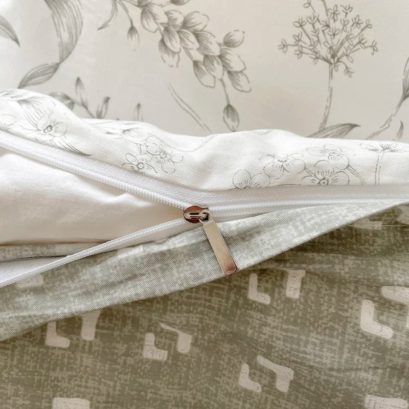 ensemble literie coton fleurs papillons blanc gris vert clair classique romantique doux confortable
