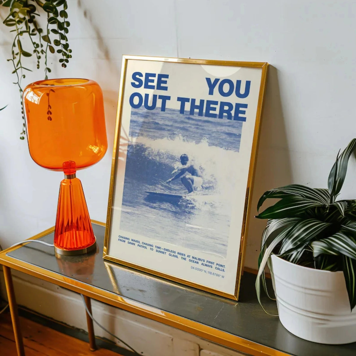 affiche surf vintage surfeur vague bleu blanc cadre mural décoration chambre salon