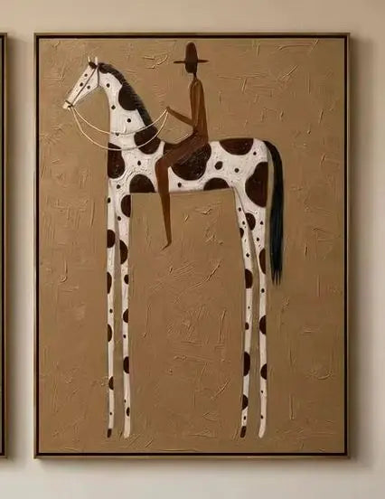 tableau moderne minimaliste chevaux stylisés motifs géométriques couleur marron beige noir blanc toile sans