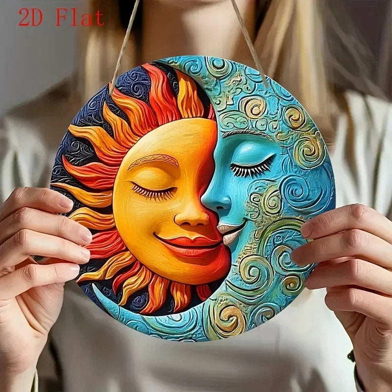 plaque décorative artisanale visage soleil lune motifs floraux occasionnelle festive orange jaune bleu vert