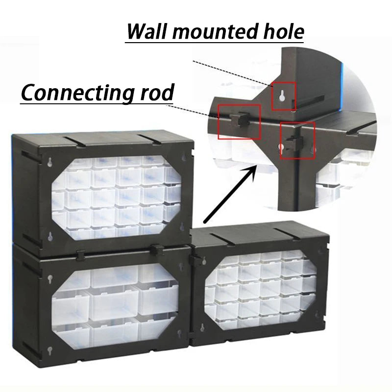 boîte rangement modulaire bleu noire transparentes pratiques moderne outils lego clous