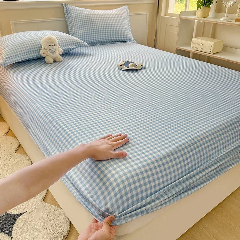 housse lit carreaux bleu clair rose marron jaune polyester 300fil 30tissus moderne adultes